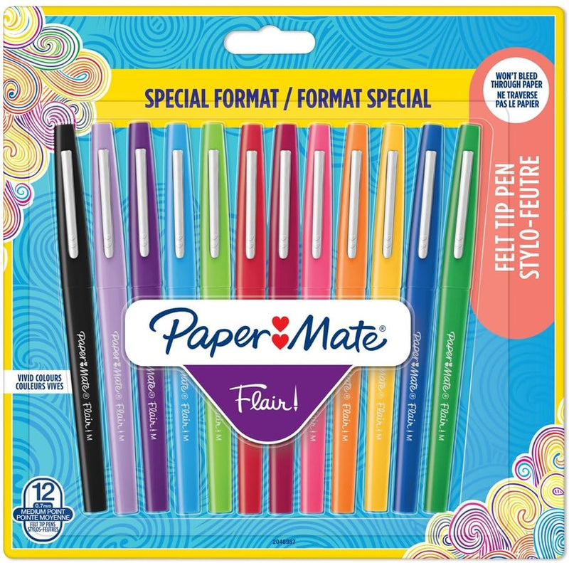Paper Mate Flair Felt Tip Pen, 0.7mm, Medium Point, Assorted Colors (12-Pack, Fashion/Classic Colors