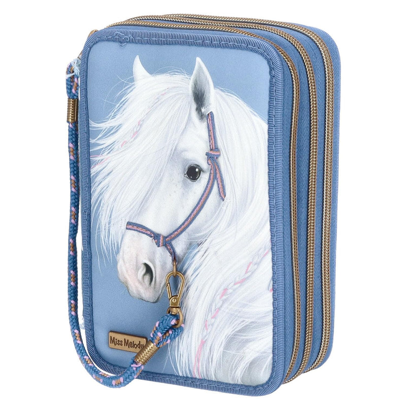 Depesche 12871 Miss Melody Denim - Gefüllte 3-Fach Federtasche mit Pferde Motiv, dunkelblaue Federmappe mit Buntstiften, Lineal, Schere UVM.