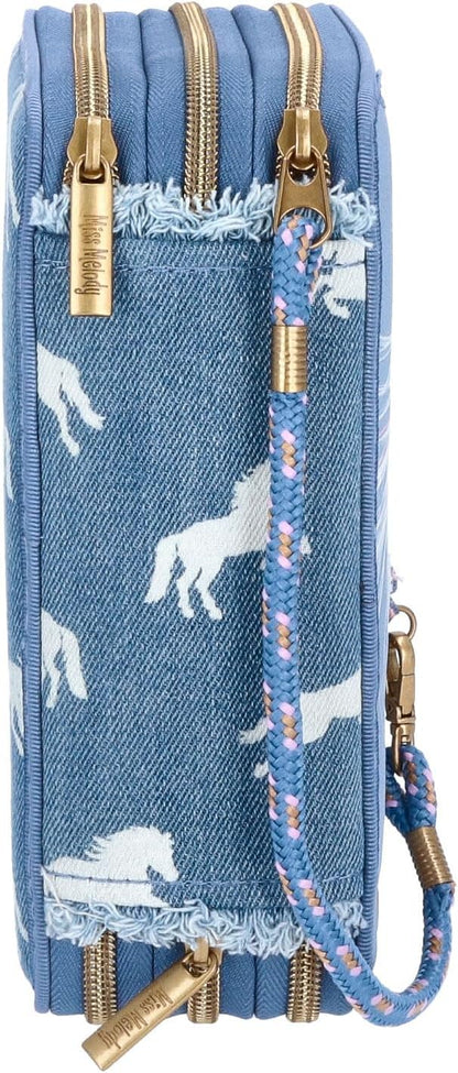 Depesche 12871 Miss Melody Denim - Gefüllte 3-Fach Federtasche mit Pferde Motiv, dunkelblaue Federmappe mit Buntstiften, Lineal, Schere UVM.