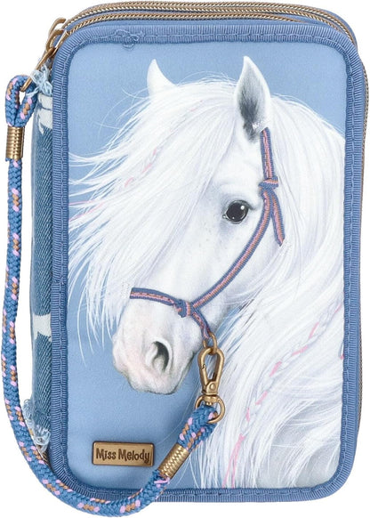 Depesche 12871 Miss Melody Denim - Gefüllte 3-Fach Federtasche mit Pferde Motiv, dunkelblaue Federmappe mit Buntstiften, Lineal, Schere UVM.