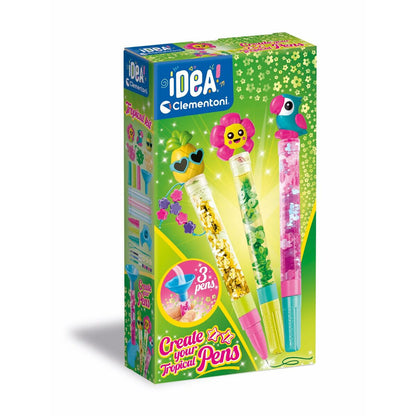Clementoni - Set Penne Colorate - Idea, Create Your Pens: Tropical, Penna Personalizzabile, Gioco Creativo Laboratorio Bambina, Bambini 6 Anni, 18790