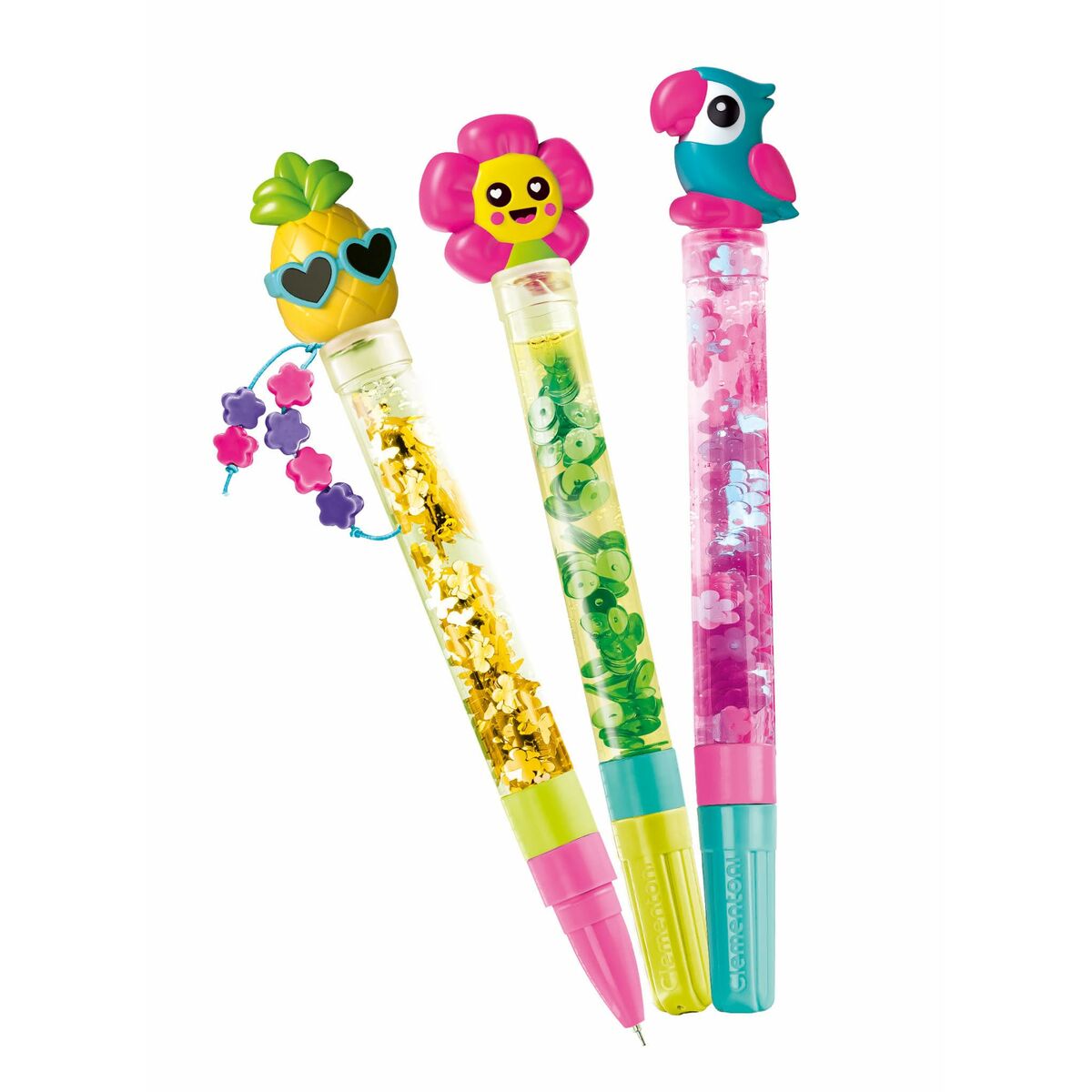 Clementoni - Set Penne Colorate - Idea, Create Your Pens: Tropical, Penna Personalizzabile, Gioco Creativo Laboratorio Bambina, Bambini 6 Anni, 18790