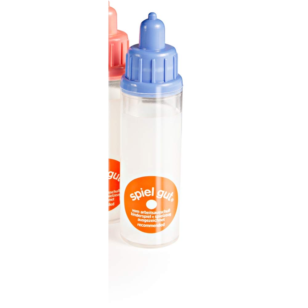 Heless 3050 - Zubehör zur Puppen-Pflege, Trickmilchflasche mit blauem oder rosa Verschluss, in 1 von 2 Designs (zufällige Auswahl