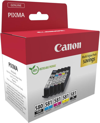 Canon PGI-580 CLI-581 BK C M Y PGBK Pack of 5 cartridges (Black Cyan Magenta Yellow Office Black Colour) Genuine (Recycled Cardboard Multipack