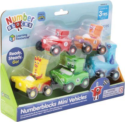 Learning Resources Set de minivehículos de los Numberblocks, Paquete de 5 Coches, Regalos de los Numberblocks, los vehículos cuentan con Ruedas Que giran, aprende a Contar del 1 al 5, 3+ años