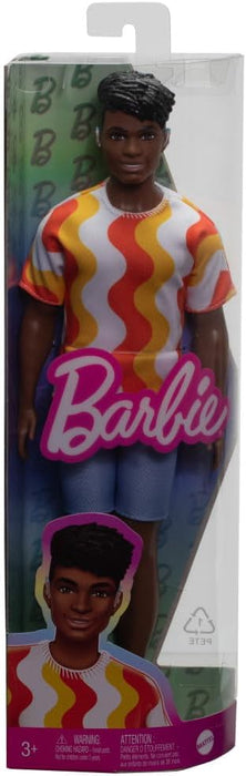 Barbie Fashionistas Ken Doll #220 with Behind-the-Ear Hearing Aids & Broad Body Wearing a Removable Orange Patterned Shirt, Shorts & Jelly Sandals, HRH23