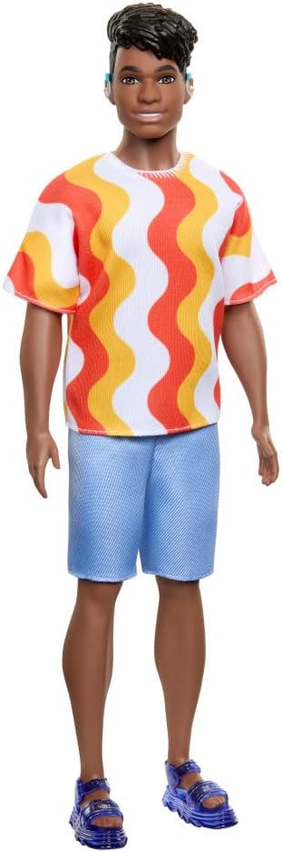 Barbie Fashionistas Ken Doll #220 with Behind-the-Ear Hearing Aids & Broad Body Wearing a Removable Orange Patterned Shirt, Shorts & Jelly Sandals, HRH23