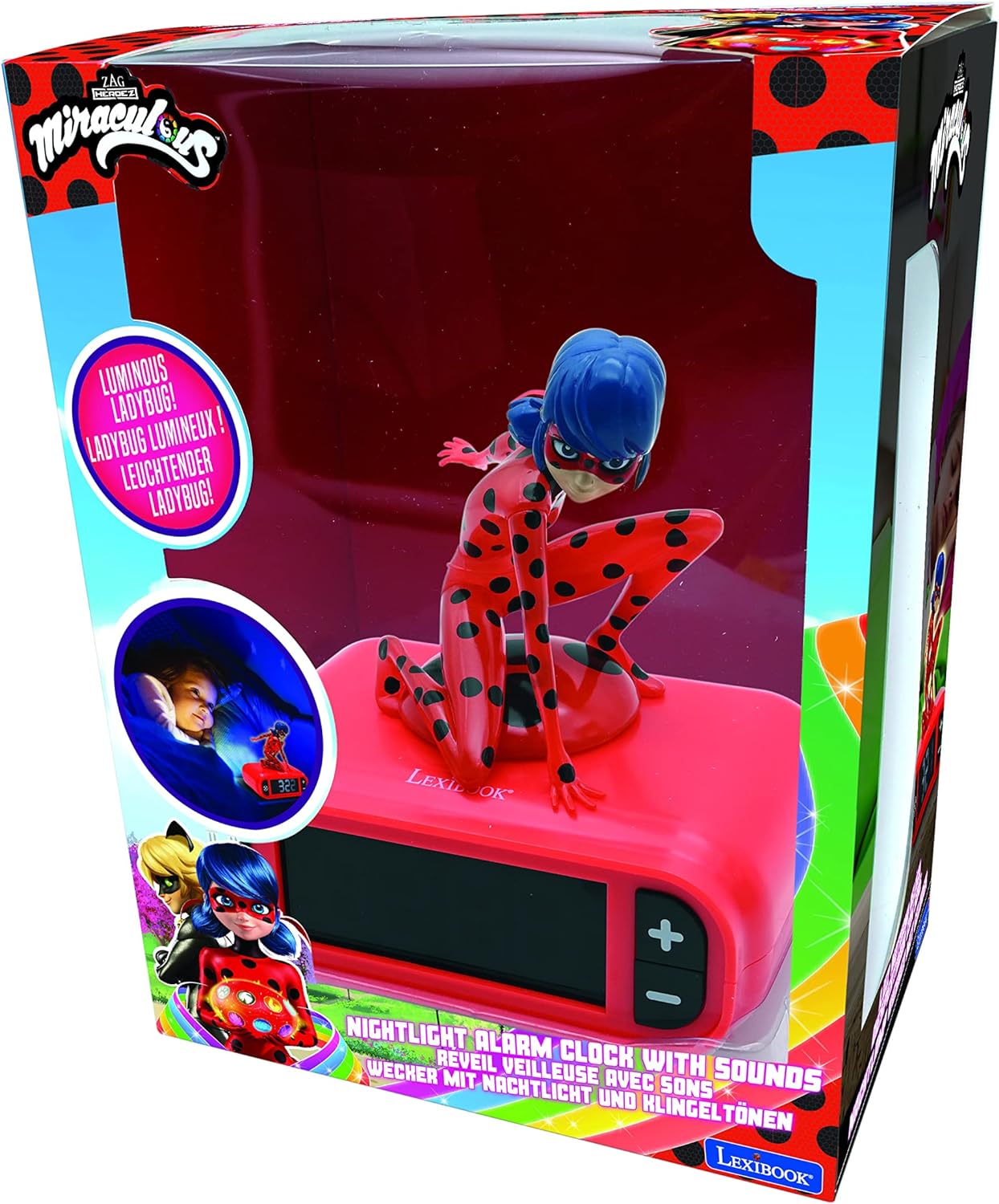 LEXIBOOK, Miraculous Cat Noir, Digital Alarm Night Light Snooze, Clock, Luminous Ladybug, Red, One Size