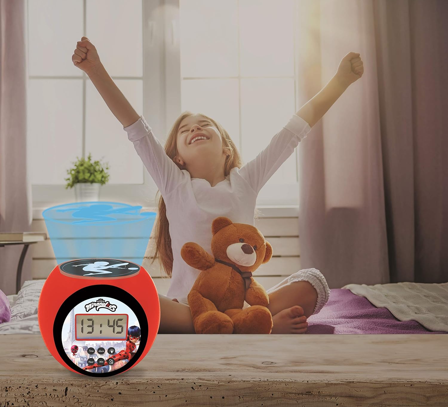 Lexibook RL977MI Miraculous: Tales of Ladybug & Cat Noir, Projector Clock with snooze alarm function, Night light with timer, LCD screen, battery operated, Red/Black, One size
