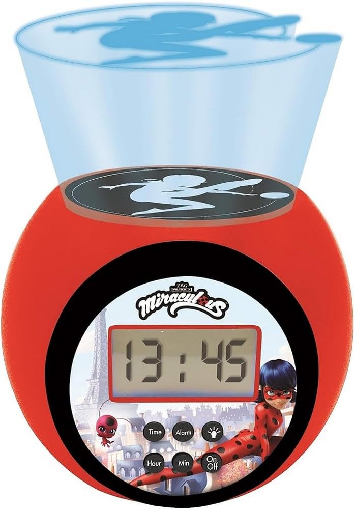 Lexibook RL977MI Miraculous: Tales of Ladybug & Cat Noir, Projector Clock with snooze alarm function, Night light with timer, LCD screen, battery operated, Red/Black, One size