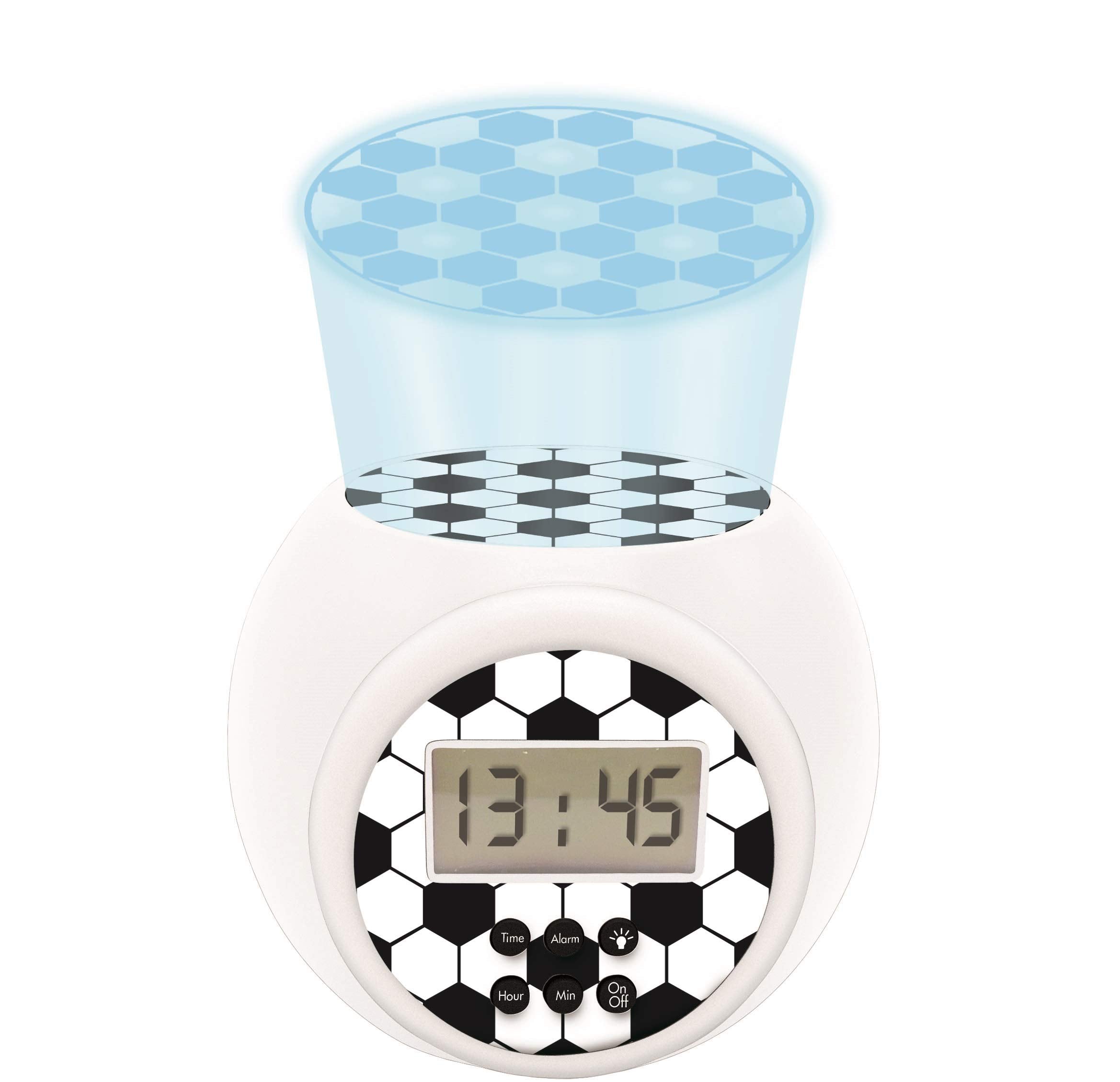 Projector Alarm Clock Football with snooze function and alarm function, Night light with timer , LCD screen, battery operated, white / black, RL977FO