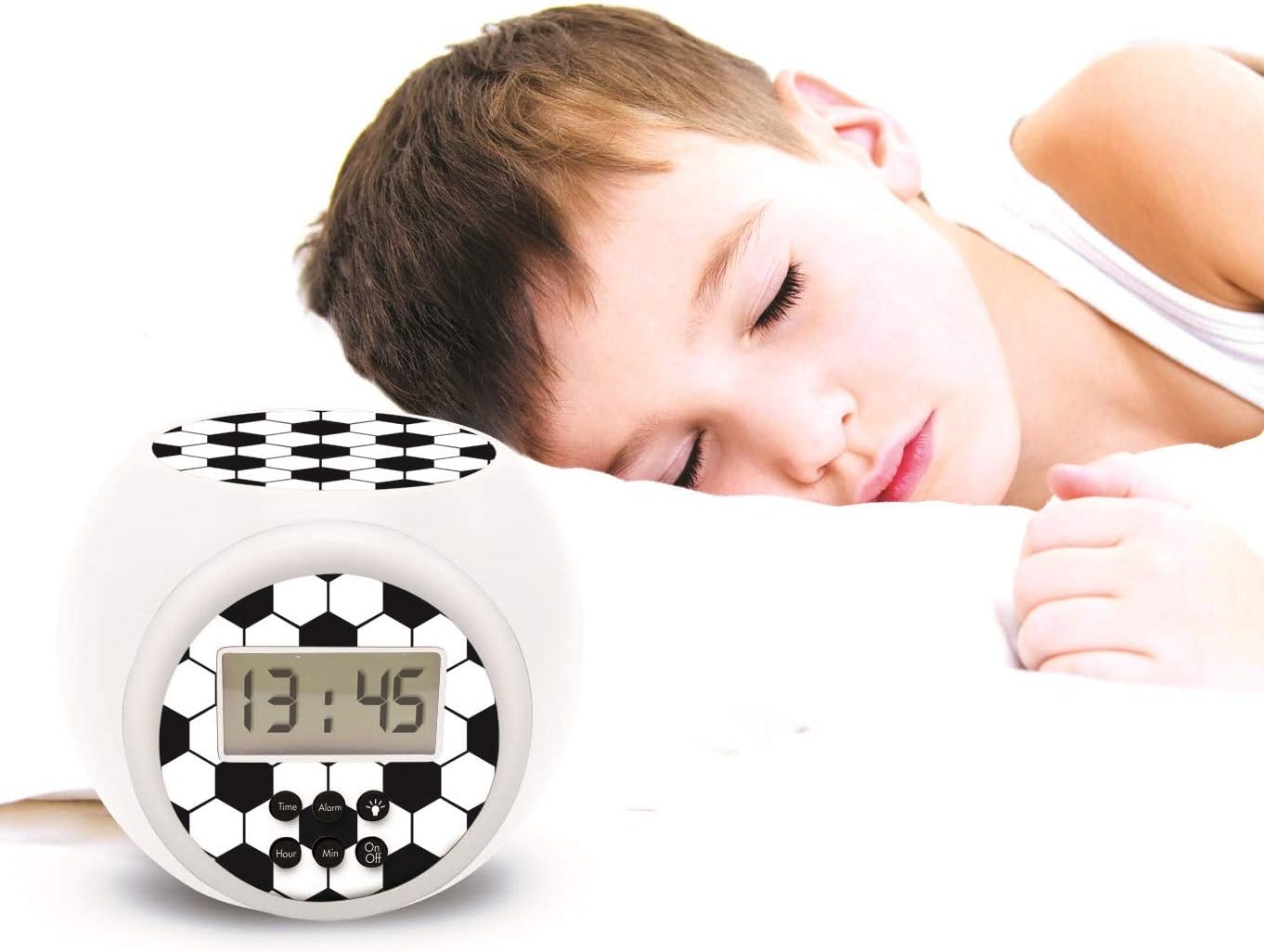 Projector Alarm Clock Football with snooze function and alarm function, Night light with timer , LCD screen, battery operated, white / black, RL977FO