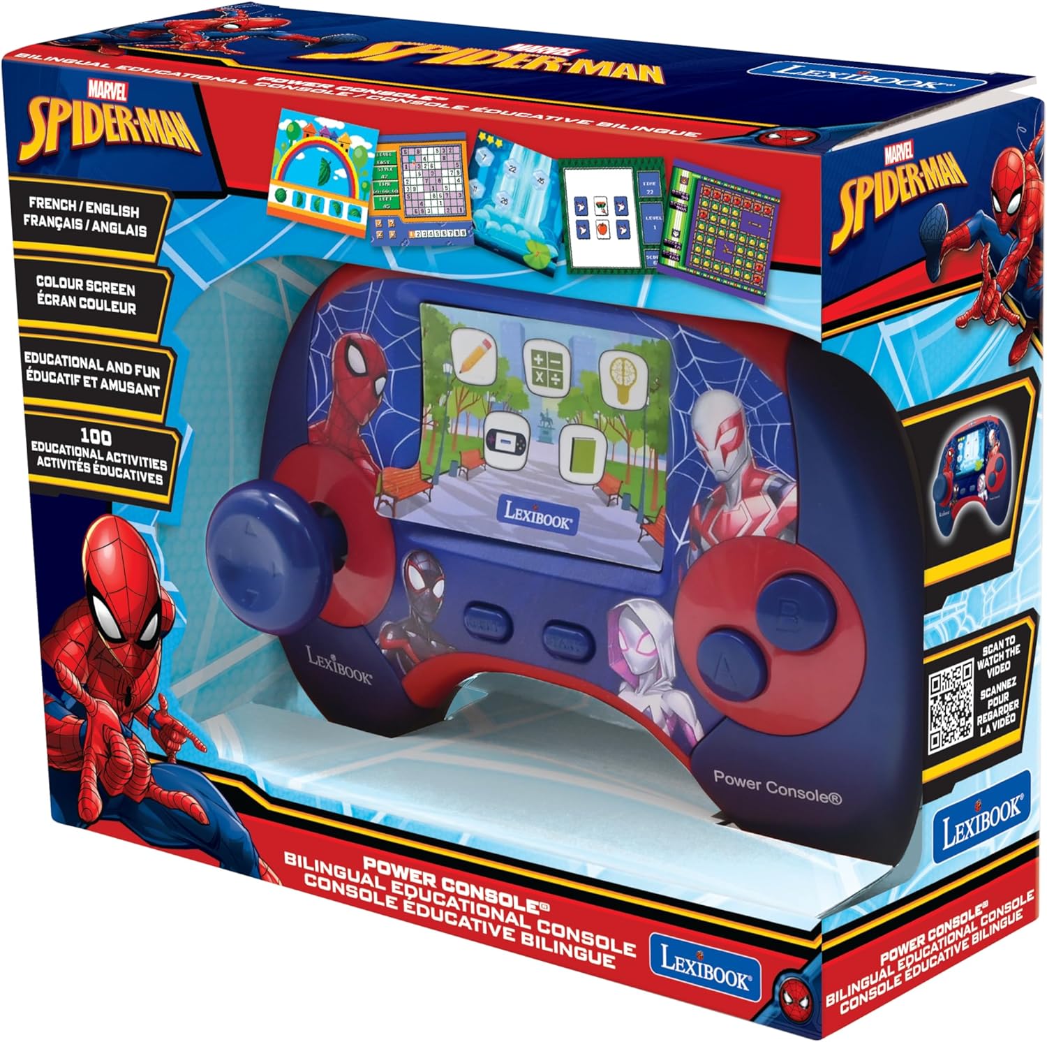Lexibook, Spider-Man, Power Console®, Bilingual educational game console with 100 activities, English/French, Blue/red, JCG100SPi1