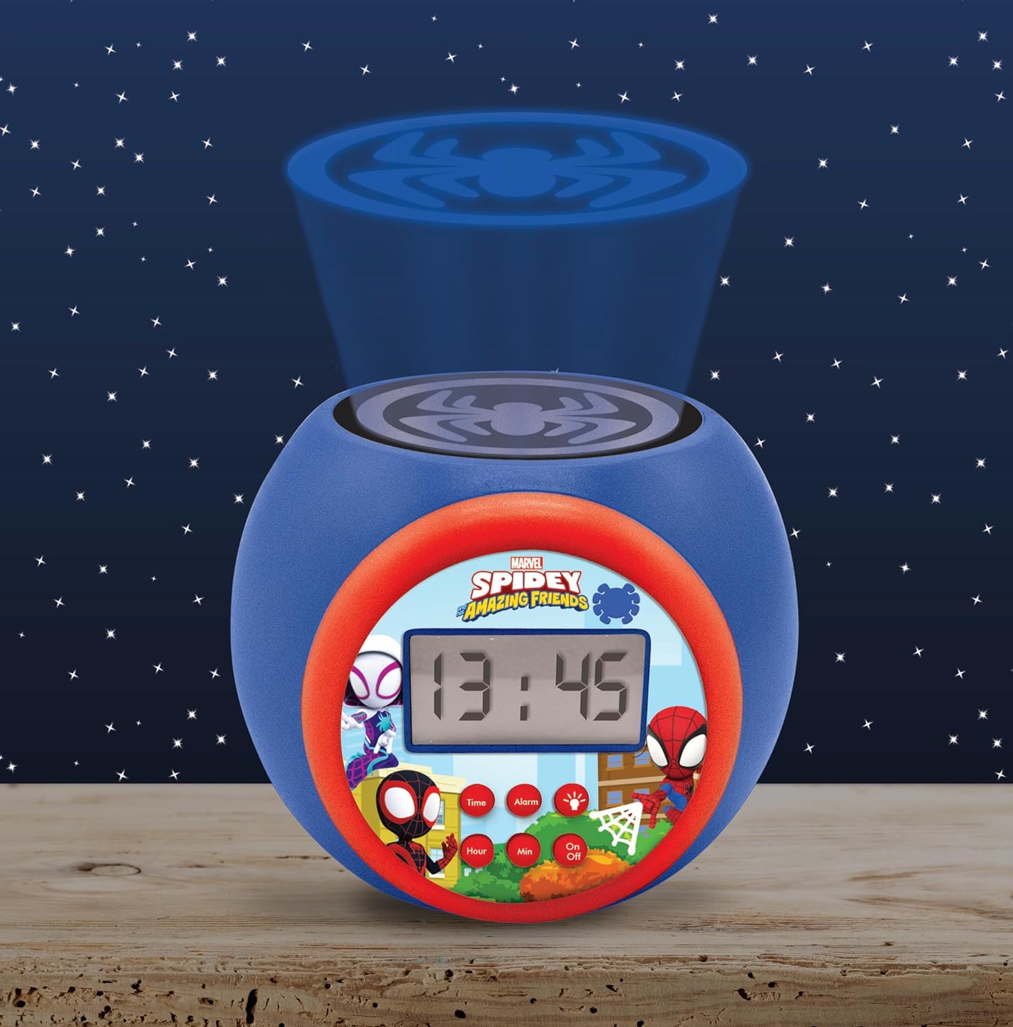 Lexibook, Spidey & His Amazing Friends, Projector clock with snooze alarm function, Night light with timer, LCD screen, battery operated, Blue