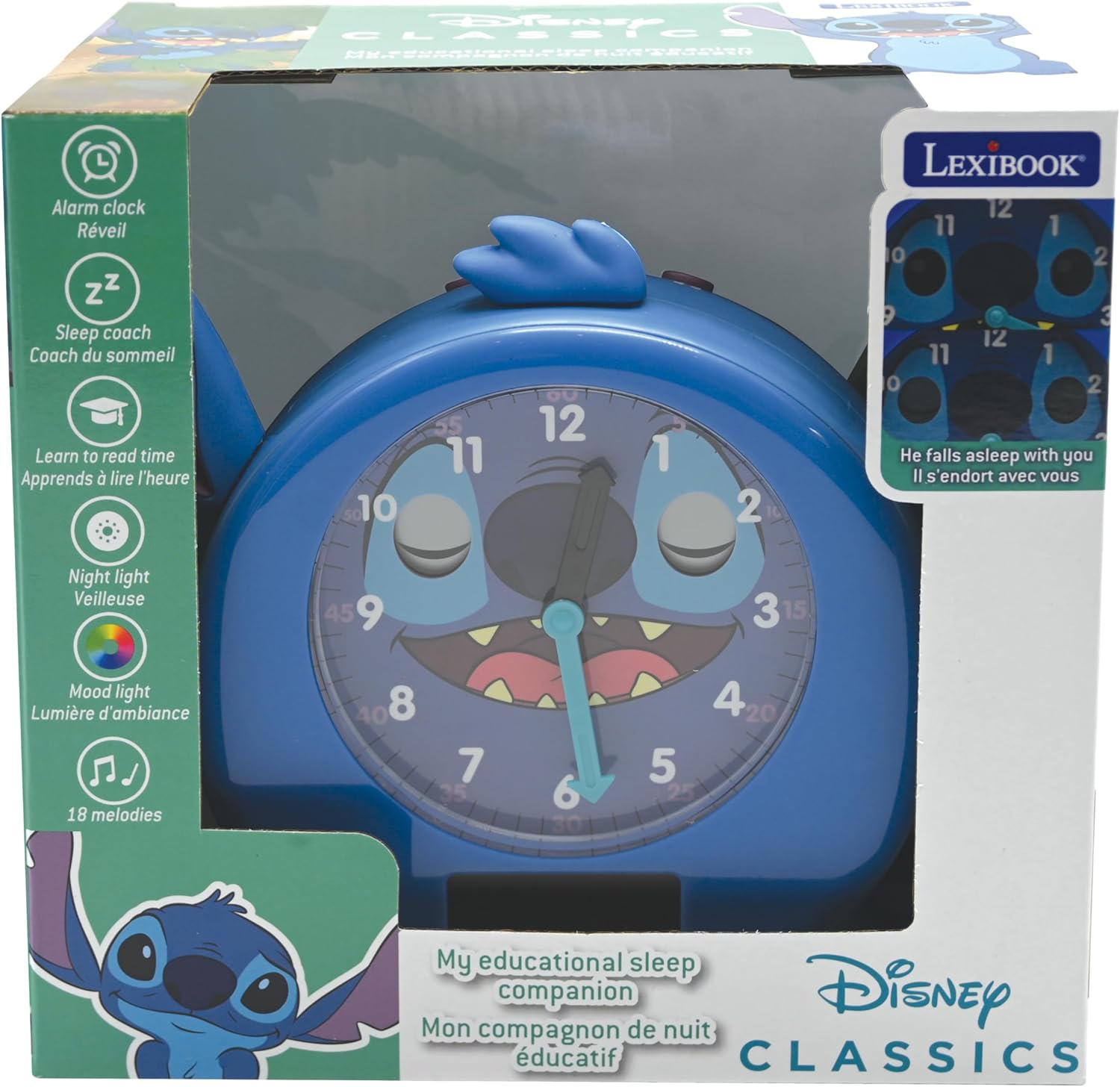 LEXIBOOK, Disney Stitch, My Sleep Companion, Alarm clock, nightlight, dawn simulator and storyteller, with power cord, blue, RLT100D