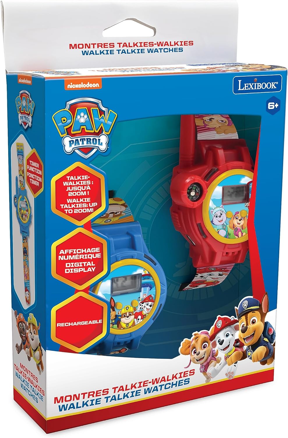 Lexibook, La Pat' Patrouille, Montres Talkie-Walkies, 2 pièces, portée jusqu'à 200m, Lampe de Poche, Boussole, Rechargeables, Bleu/Rouge, DMWTW1PA