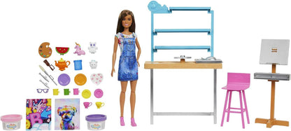 Barbie Relax and Create Art Studio, Doll (11.5 inches), 25+ Creation Accessories for Pottery Making & Painting, Kids 3 to 7 Years Old