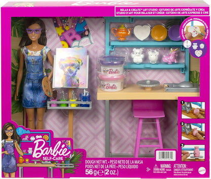 Barbie Relax and Create Art Studio, Doll (11.5 inches), 25+ Creation Accessories for Pottery Making & Painting, Kids 3 to 7 Years Old