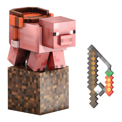 Mattel Minecraft Serie de Diamante Figura de acción de cerdo con 4 accesorios, diseño pixelado con un tamaño de edición coleccionista de 14 cm, HTM04