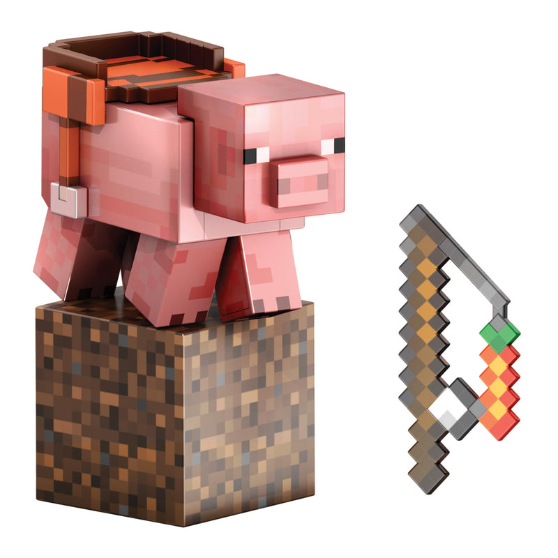 Mattel Minecraft Serie de Diamante Figura de acción de cerdo con 4 accesorios, diseño pixelado con un tamaño de edición coleccionista de 14 cm, HTM04