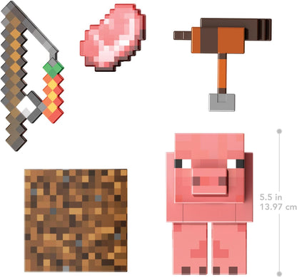 Mattel Minecraft Serie de Diamante Figura de acción de cerdo con 4 accesorios, diseño pixelado con un tamaño de edición coleccionista de 14 cm, HTM04