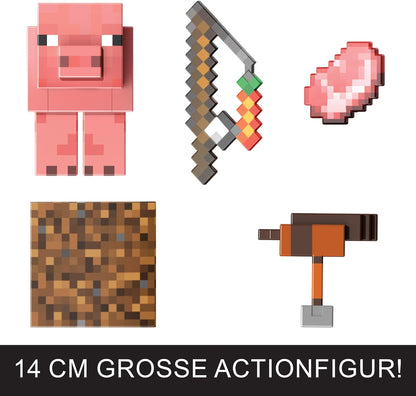 Mattel Minecraft Serie de Diamante Figura de acción de cerdo con 4 accesorios, diseño pixelado con un tamaño de edición coleccionista de 14 cm, HTM04