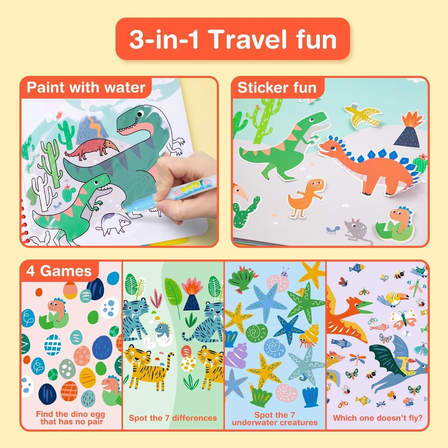 Avenir 6301776 Kleurspel dinosaurus, 3-in-1 creatieve set met spelletjes, stickers en kleurafbeeldingen, doe-het-zelf, voor kinderen vanaf 3 jaar