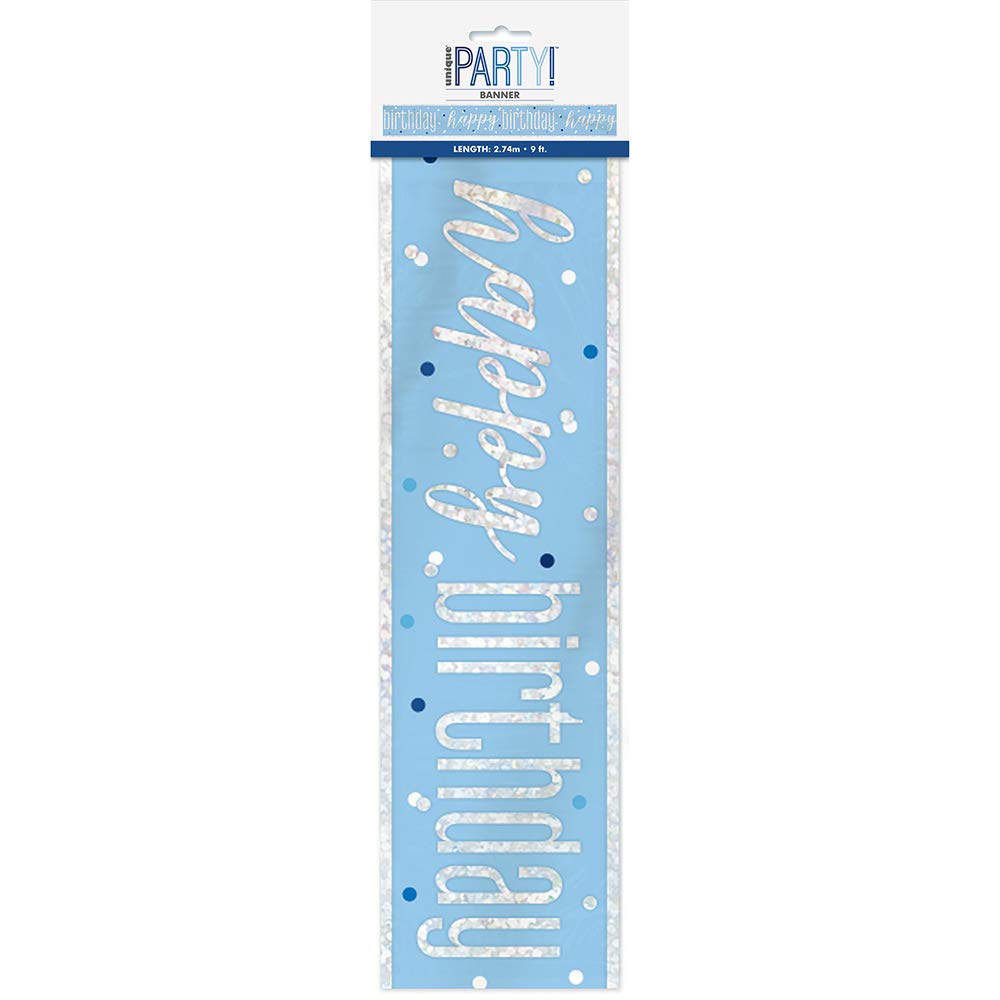 Unique Party-Pancarta prismática de papel de aluminio, 108 pulgadas, Cartel de Feliz Cumpleaños-2,74 m-Tema Glitz Azul y Plata-1 Unidad (Paquete de 1), color blue, happy birthday (83475