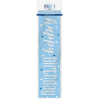 Unique Party-Pancarta prismática de papel de aluminio, 108 pulgadas, Cartel de Feliz Cumpleaños-2,74 m-Tema Glitz Azul y Plata-1 Unidad (Paquete de 1), color blue, happy birthday (83475
