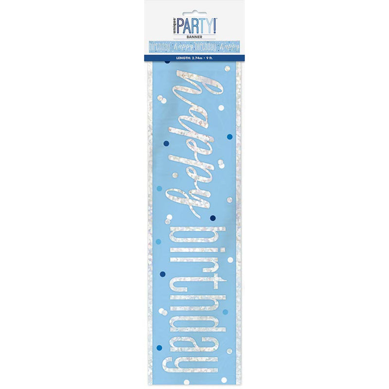 Unique Party-Pancarta prismática de papel de aluminio, 108 pulgadas, Cartel de Feliz Cumpleaños-2,74 m-Tema Glitz Azul y Plata-1 Unidad (Paquete de 1), color blue, happy birthday (83475