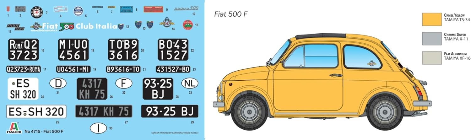 Italeri 4715 1:12 Fiat 500 F Upgraded Edition Model Building Kit, Standing Model Building, Crafts, Hobby, Gluing, Plastic Kit, Detailed Unpainted