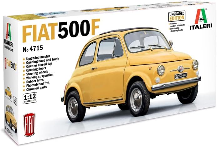 Italeri 4715 1:12 Fiat 500 F Upgraded Edition Model Building Kit, Standing Model Building, Crafts, Hobby, Gluing, Plastic Kit, Detailed Unpainted