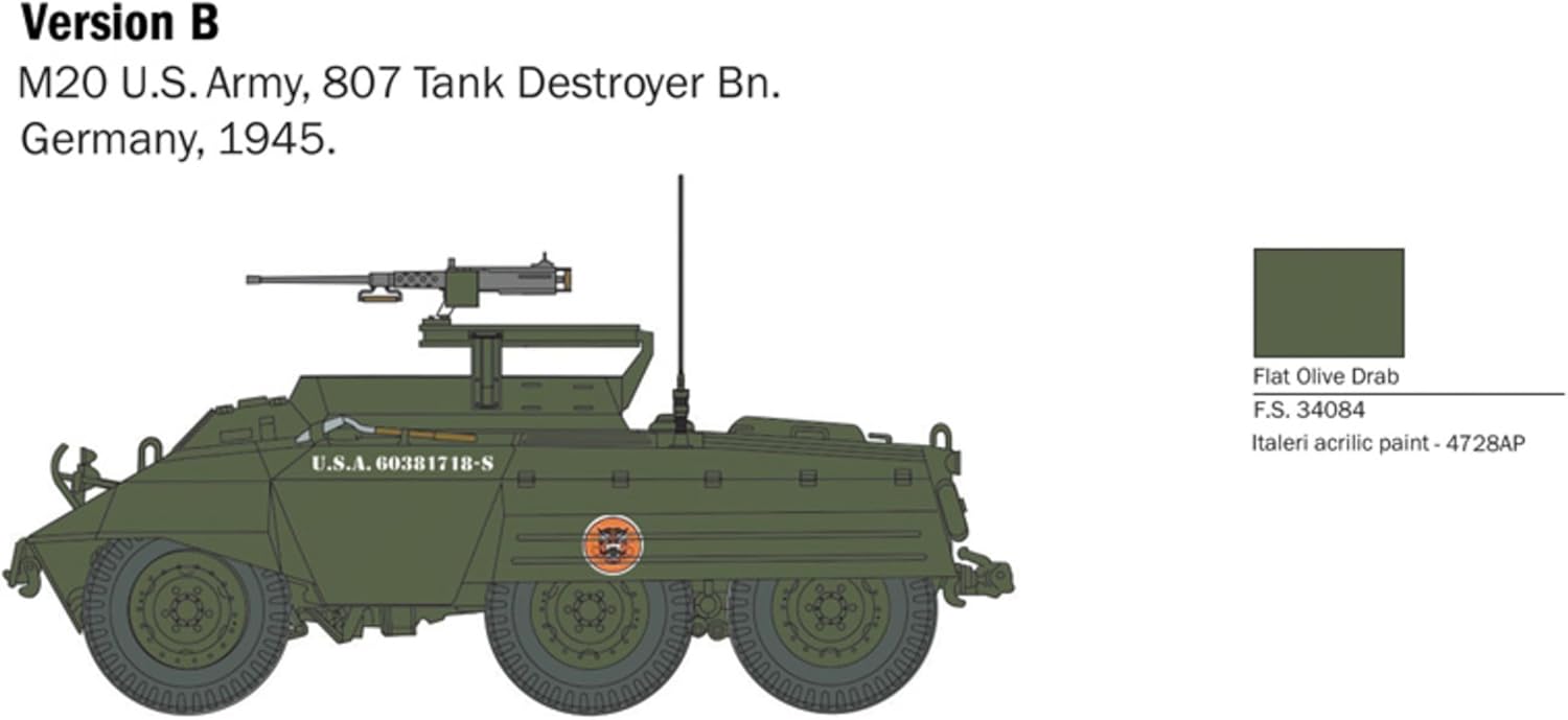 Italeri 25759 1:56 M8/M20 Greyhound Model Building Kit, Standing Model Building, Crafts, Hobby, Gluing, Plastic Kit, Detailed, Unpainted