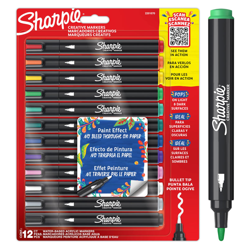 Sharpie Creative Marker Acrylic Paint Pens, Water-Based Paint Markers, No-Bleed Ink Writes on Most Surfaces, Bullet Tip, Assorted Colours, 12 Count