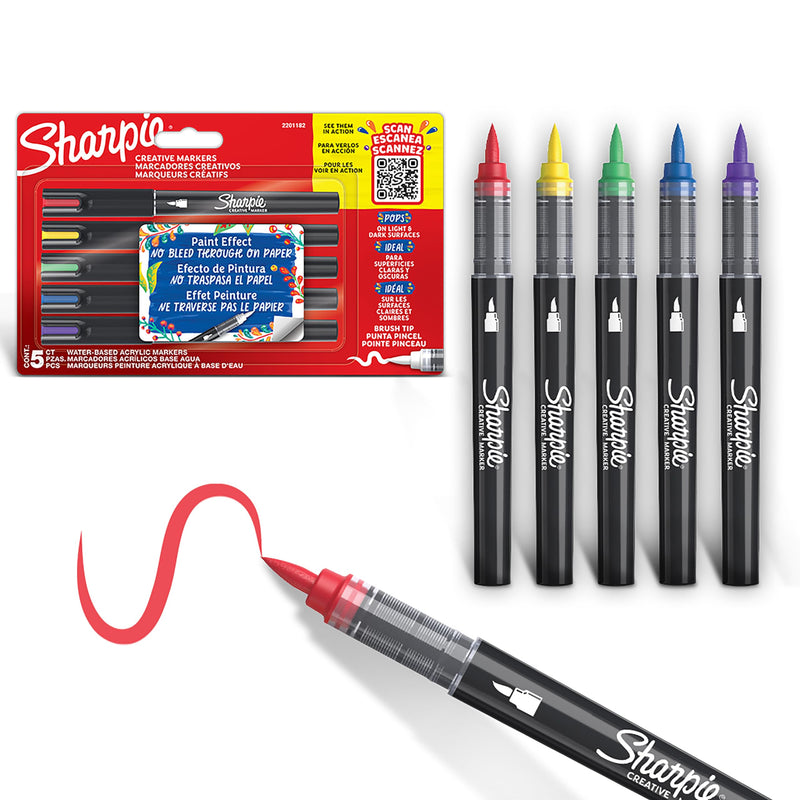 Sharpie Creative Marker Acrylic Paint Pens, Water-Based Paint Markers, No-Bleed Ink Writes on Most Surfaces, Brush Tip, Assorted Colours, 5 Count