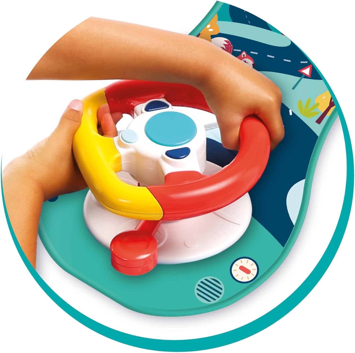 Ludi Aktivitätsplatte – Sound und leuchtendes Lenkrad, um das Baby im Auto zu beschäftigen, ab 18 Monaten, verstellbare Riemen, 2 Befestigungsringe – 21 x 43 x 10 cm