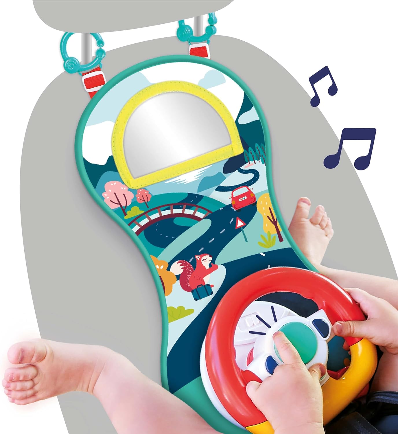 Ludi Aktivitätsplatte – Sound und leuchtendes Lenkrad, um das Baby im Auto zu beschäftigen, ab 18 Monaten, verstellbare Riemen, 2 Befestigungsringe – 21 x 43 x 10 cm
