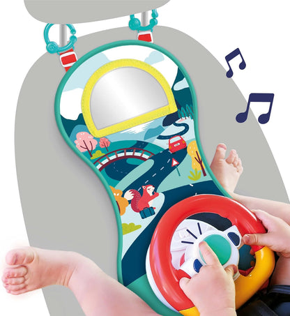 Ludi Aktivitätsplatte – Sound und leuchtendes Lenkrad, um das Baby im Auto zu beschäftigen, ab 18 Monaten, verstellbare Riemen, 2 Befestigungsringe – 21 x 43 x 10 cm