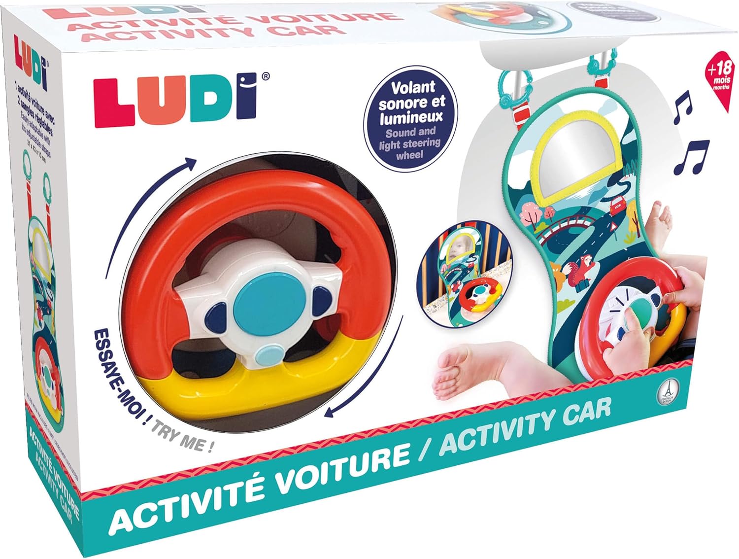 Ludi Aktivitätsplatte – Sound und leuchtendes Lenkrad, um das Baby im Auto zu beschäftigen, ab 18 Monaten, verstellbare Riemen, 2 Befestigungsringe – 21 x 43 x 10 cm