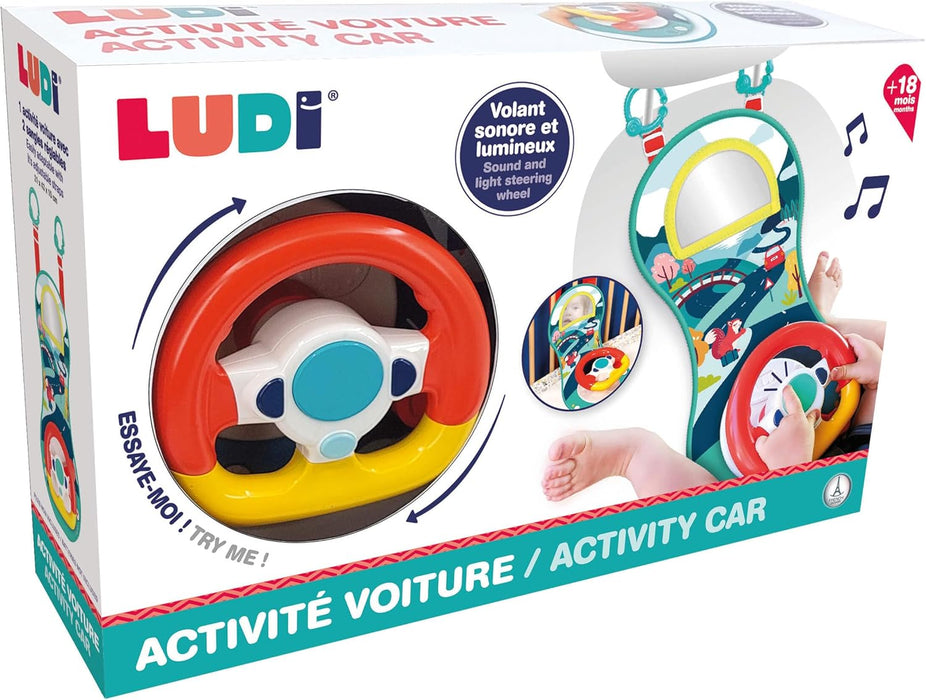 Ludi Aktivitätsplatte – Sound und leuchtendes Lenkrad, um das Baby im Auto zu beschäftigen, ab 18 Monaten, verstellbare Riemen, 2 Befestigungsringe – 21 x 43 x 10 cm
