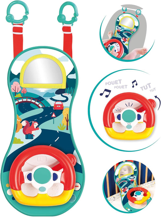Ludi Aktivitätsplatte – Sound und leuchtendes Lenkrad, um das Baby im Auto zu beschäftigen, ab 18 Monaten, verstellbare Riemen, 2 Befestigungsringe – 21 x 43 x 10 cm