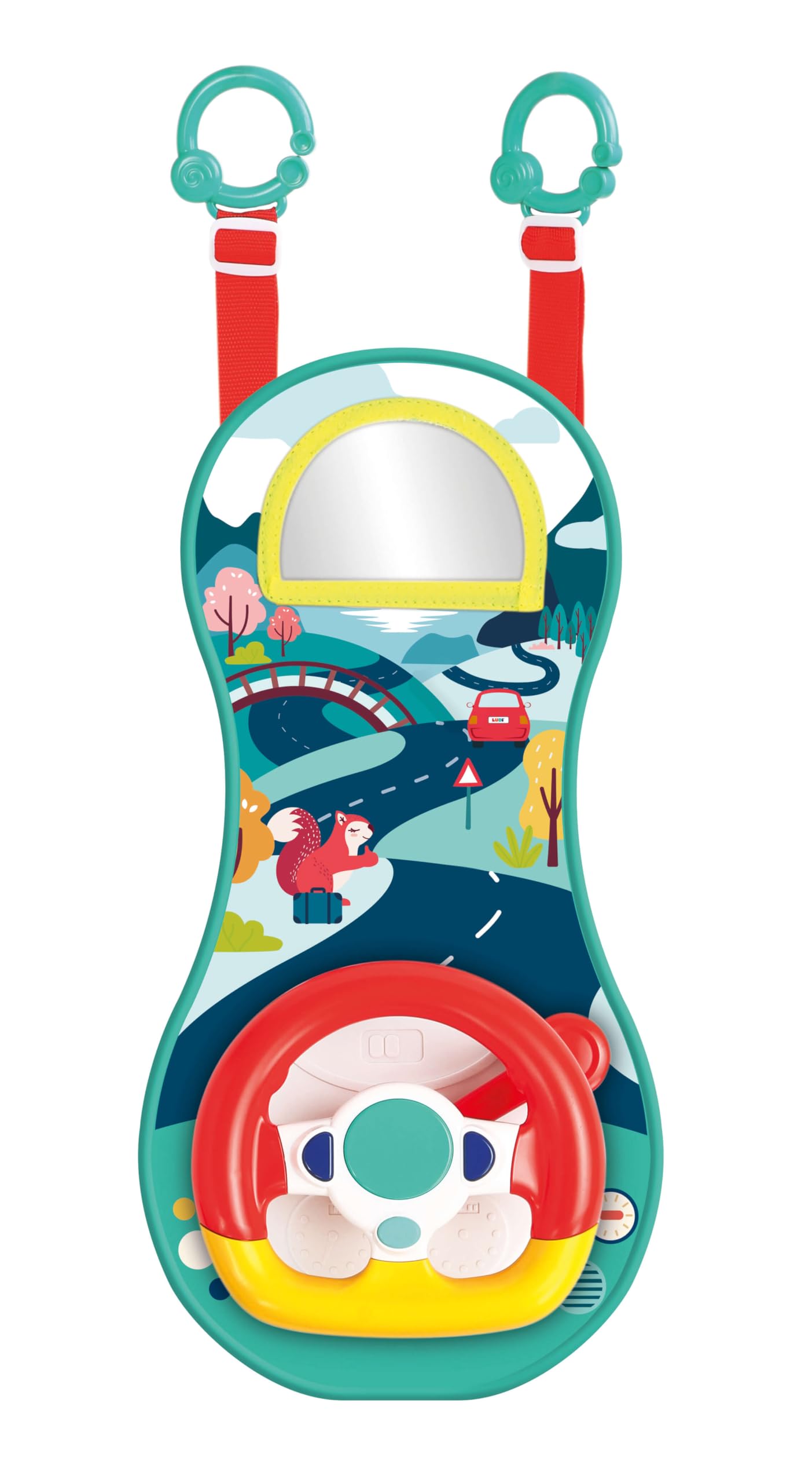 Ludi Aktivitätsplatte – Sound und leuchtendes Lenkrad, um das Baby im Auto zu beschäftigen, ab 18 Monaten, verstellbare Riemen, 2 Befestigungsringe – 21 x 43 x 10 cm