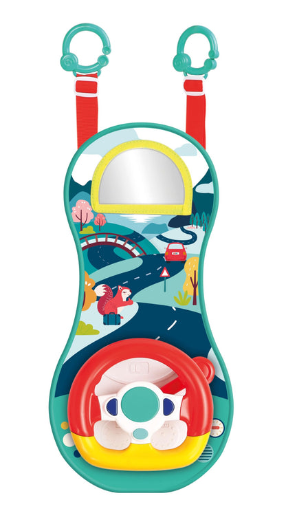 Ludi Aktivitätsplatte – Sound und leuchtendes Lenkrad, um das Baby im Auto zu beschäftigen, ab 18 Monaten, verstellbare Riemen, 2 Befestigungsringe – 21 x 43 x 10 cm