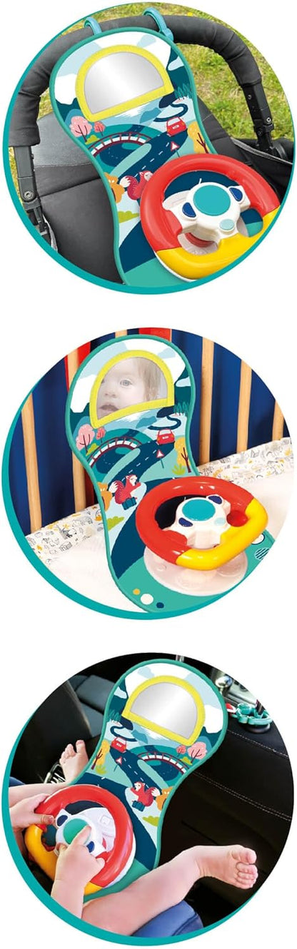 Ludi Aktivitätsplatte – Sound und leuchtendes Lenkrad, um das Baby im Auto zu beschäftigen, ab 18 Monaten, verstellbare Riemen, 2 Befestigungsringe – 21 x 43 x 10 cm