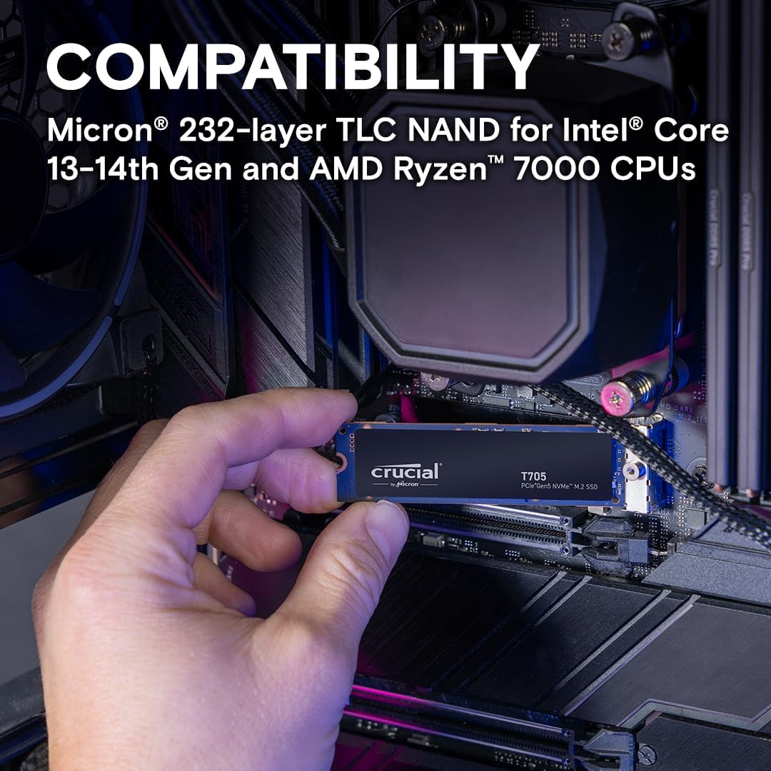 Crucial T705 1TB SSD PCIe Gen5 NVMe M.2 Internal Gaming SSD (New 2024), Up to 13,600MB/s, Microsoft DirectStorage, PCIe 3.0 & 4.0 Backwards Compatible, Solid State Drive - CT1000T705SSD3