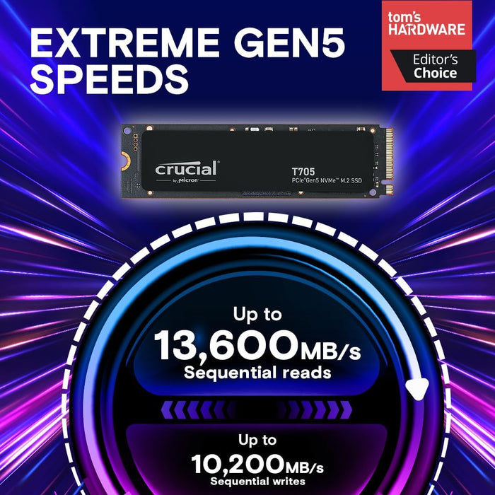 Crucial T705 1TB SSD PCIe Gen5 NVMe M.2 Internal Gaming SSD (New 2024), Up to 13,600MB/s, Microsoft DirectStorage, PCIe 3.0 & 4.0 Backwards Compatible, Solid State Drive - CT1000T705SSD3