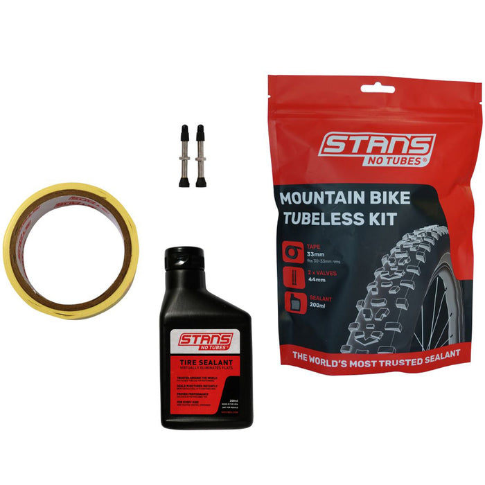 Stan's NoTubes - Mountain Bike Tubeless Set Up Kit Includes 10yd Rim Tape, 44mm Brass Valves with Removable Valve Core & 200ml of Sealant