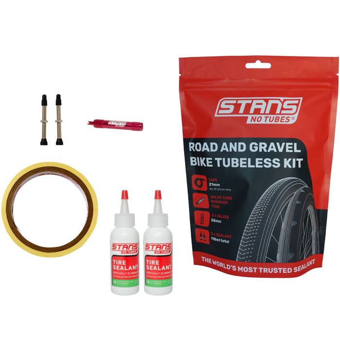 Stan's NoTubes - Road & Gravel Bike Tubeless Set Up Kit Includes 10yd Rim Tape, 55mm Brass Valves with Removable Valve Core & 2x 59ml Bottles of Sealant