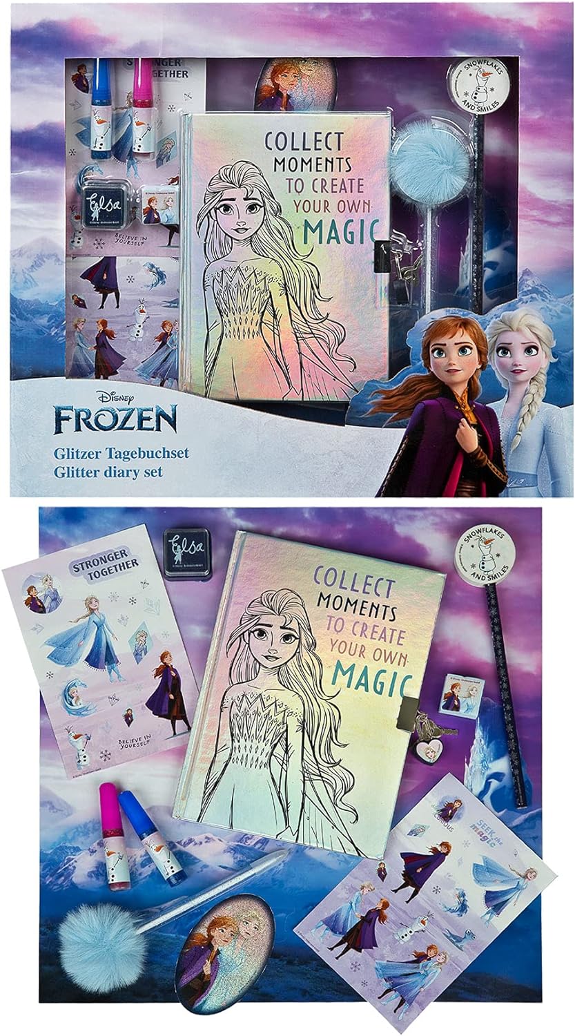 Disney Frozen II Glitzer Tagebuch Mädchen mit Schloss, Sticker, Glitzerkleber, Kugelschreiber│Geschenk für Mädchen Weihnachten, Geburtstag │ab 3 Jahre
