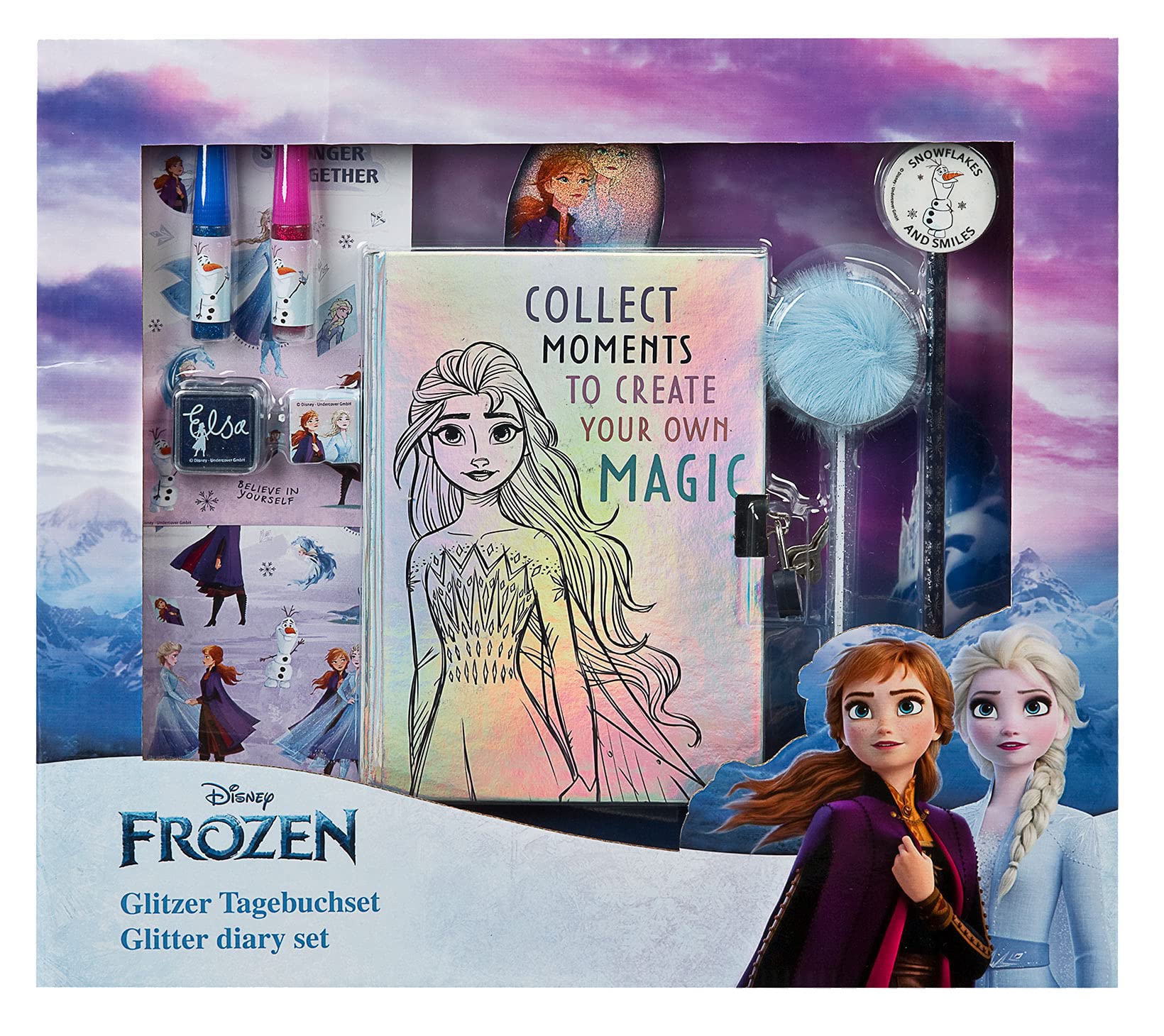 Disney Frozen II Glitzer Tagebuch Mädchen mit Schloss, Sticker, Glitzerkleber, Kugelschreiber│Geschenk für Mädchen Weihnachten, Geburtstag │ab 3 Jahre